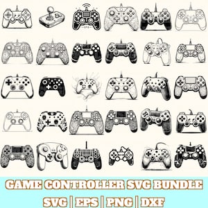 Puede incluir: Una colección de ilustraciones en blanco y negro de mandos de videojuegos. Los mandos varían en diseño, incluyendo modelos con y sin cable. El texto "GAME CONTROLLER SVG BUNDLE" se muestra en la parte inferior, junto con los indicadores de tipo de archivo.