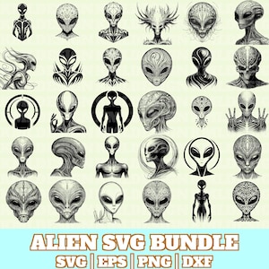 May include: A collection of black and white alien illustrations in various styles. The designs include detailed faces, full body figures, and stylized depictions. The text "ALIEN SVG BUNDLE" is displayed at the bottom, along with file type abbreviations.
