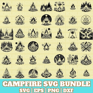 Może przedstawiać: Zestaw 36 czarno-białych wzorów SVG z ogniskiem. Wzory przedstawiają różne sceny z ogniskiem, w tym płomienie, kłody i góry. Wzory idealnie nadają się do tworzenia spersonalizowanych koszulek, kubków i innych rękodzieł.