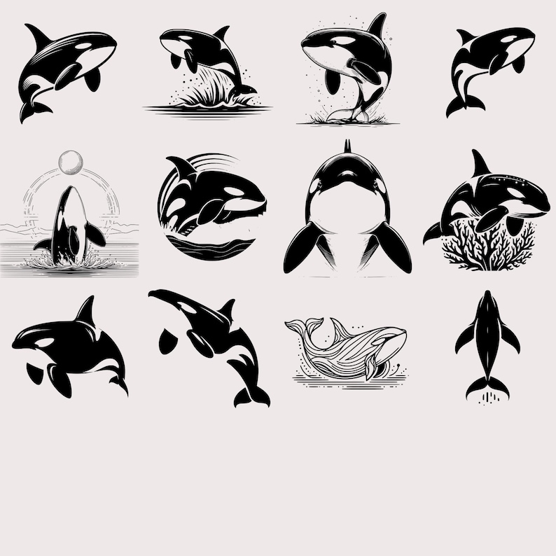 Craft stunning Orca-themed nursery wall art, stickers, or ocean-life-themed classroom decor using these clean and professionally drawn vector illustrations.