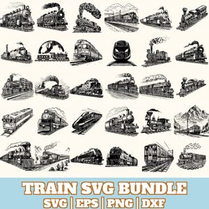 May include: A collection of black and white train illustrations in various styles, including steam engines and modern high-speed trains. The image includes the text "TRAIN SVG BUNDLE" with file type indicators.