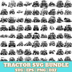 May include: A set of 48 black and white tractor SVG cut files. The tractors are in various poses and styles, including some with trailers and implements. The text "TRACTOR SVG BUNDLE" is at the bottom of the image.