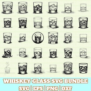 Puede incluir: Una colección de ilustraciones detalladas en blanco y negro de vasos de whisky, algunos llenos de cubitos de hielo. Los vasos varían en forma y tamaño, algunos están vacíos y otros contienen líquido. El texto "WHISKEY GLASS SVG BUNDLE" está en la parte inferior.