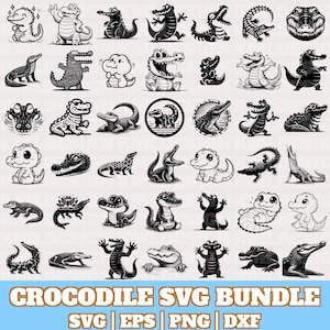 May include: A collection of black and white crocodile illustrations in various poses and styles. The image includes cartoon and stylized depictions of crocodiles, with the text "CROCODILE SVG BUNDLE" at the bottom, along with file type indicators: SVG, EPS, PNG, and DXF.