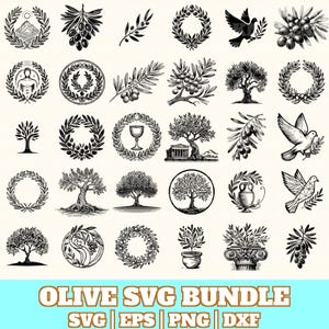 Puede incluir: Un conjunto de gráficos SVG en blanco y negro con temática de olivos. Los diseños incluyen ramas de olivo, coronas, árboles, palomas y elementos clásicos. El texto "OLIVE SVG BUNDLE" se muestra en la parte inferior, con indicadores de tipo de archivo.