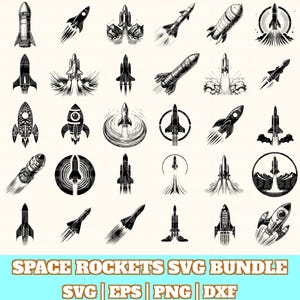 May include: A collection of black and white rocket ship illustrations in various designs. Some rockets have flames, others have trails. The text "SPACE ROCKETS SVG BUNDLE" is at the bottom, along with file type indicators.