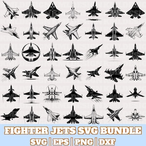 May include: A selection of black and white fighter jet illustrations in different designs and perspectives. The text "FIGHTER JETS SVG BUNDLE" is shown at the bottom, with file type indicators: SVG, EPS, PNG, and DXF.