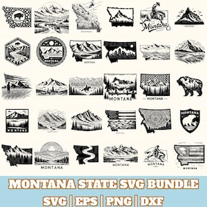 May include: A collection of black and white Montana-themed SVG designs. The illustrations include mountain ranges, a bear, a bison, a cowboy, and the state outline. The text "Montana State SVG Bundle" is at the bottom.