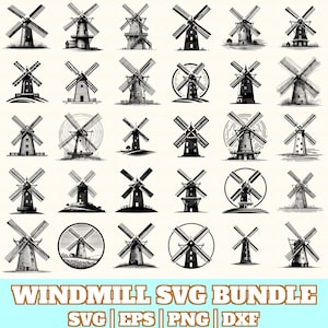 May include: A collection of black and white windmill illustrations in various styles. The image includes a variety of windmill designs, some with circular backgrounds. Text at the bottom reads "WINDMILL SVG BUNDLE" with file type indicators: SVG, EPS, PNG, and DXF.