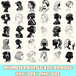Peut inclure: Une collection de portraits de profils de femmes en noir et blanc. Les images présentent diverses coiffures, notamment des queues de cheval, des chignons et des carrés. Le texte "WOMEN PROFILE SVG BUNDLE" est affiché en bas, avec des indicateurs de type de fichier.