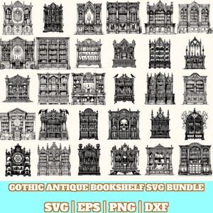 May include: A collection of detailed black and white illustrations of gothic antique bookshelves. The designs vary in style, featuring ornate carvings, arched tops, and decorative elements. The text at the bottom reads "GOTHIC ANTIQUE BOOKSHELF SVG BUNDLE" with file type indicators.