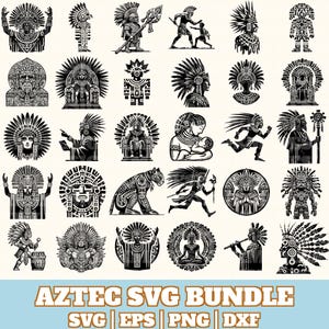 Könnte beinhalten: Eine Sammlung von schwarz-weißen SVG-Grafiken zum Thema Azteken. Die Bilder zeigen verschiedene Figuren, darunter Krieger, Herrscher und stilisierte Tiere, alle mit aufwendigen Details und Kopfschmuck. Der Text "AZTEC SVG BUNDLE" ist unten zu sehen.