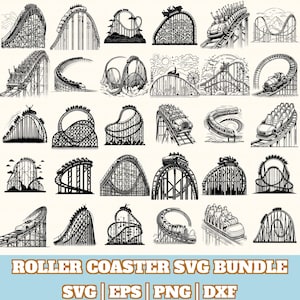 Puede incluir: Colección de ilustraciones en blanco y negro de montañas rusas en varios diseños. La imagen incluye una variedad de tipos de montañas rusas, incluyendo bucles, caídas y giros. El texto en la parte inferior dice "ROLLER COASTER SVG BUNDLE" con indicadores de tipo de archivo.