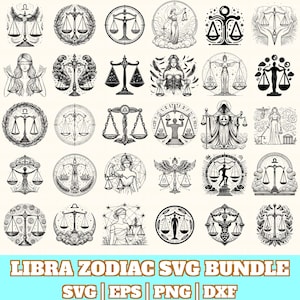 May include: A collection of black and white Libra zodiac designs. The images feature scales, figures holding scales, and other symbolic representations of the Libra astrological sign. The text "LIBRA ZODIAC SVG BUNDLE" is displayed at the bottom.