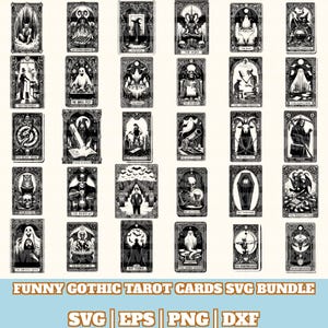 May include: A collection of black and white gothic tarot cards with various illustrations, including skeletons, ghosts, and bats. The cards feature ornate borders and are labeled with titles. The text "FUNNY GOTHIC TAROT CARDS SVG BUNDLE" is at the bottom.