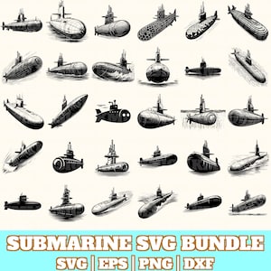 Puede incluir: Una colección de ilustraciones de submarinos en blanco y negro en varios estilos. La imagen incluye una variedad de diseños de submarinos, desde secciones transversales detalladas hasta siluetas estilizadas. El texto "SUBMARINE SVG BUNDLE" se muestra en la parte inferior, junto con indicadores de tipo de archivo.