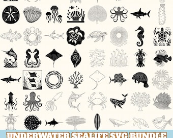 May include: A collection of black and white illustrations of various underwater sea creatures, including fish, turtles, and coral. The text "UNDERWATER SEALIFE SVG BUNDLE" is displayed at the bottom, along with file type indicators.
