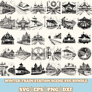 May include: A collection of black and white illustrations of winter train station scenes. The images depict various architectural styles, trains, and railway tracks. The text at the bottom reads "WINTER TRAIN STATION SCENE SVG BUNDLE" with file type indicators.