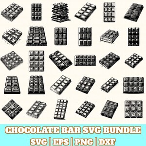 May include: A collection of black and white illustrations of chocolate bars in various styles. The image includes a variety of designs, from classic rectangular bars to more intricate patterns. Text at the bottom reads "CHOCOLATE BAR SVG BUNDLE" with file type indicators.