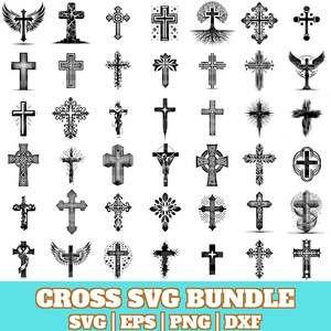 Puede incluir: Un conjunto de 40 diseños de cruces SVG en blanco y negro. Las cruces son de varios estilos, incluyendo simples, ornamentadas y celtas. Los diseños son perfectos para usar en manualidades, scrapbooking y otros proyectos creativos.  CROSS SVG BUNDLE SVG EPS PNG | DXF