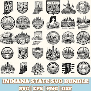 May include: A collection of black and white illustrations featuring various Indiana cityscapes and landmarks. The designs include city skylines, bridges, and historical scenes, with text such as "Bedford", "Carmel", and "Elkhart". The text "Indiana State SVG Bundle" is also present.