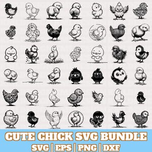Może przedstawiać: Kolekcja czarno-białych ilustracji piskląt w różnych pozach i stylach. Obraz zawiera tekst "CUTE CHICK SVG BUNDLE" na dole, z wskaźnikami typu pliku poniżej.