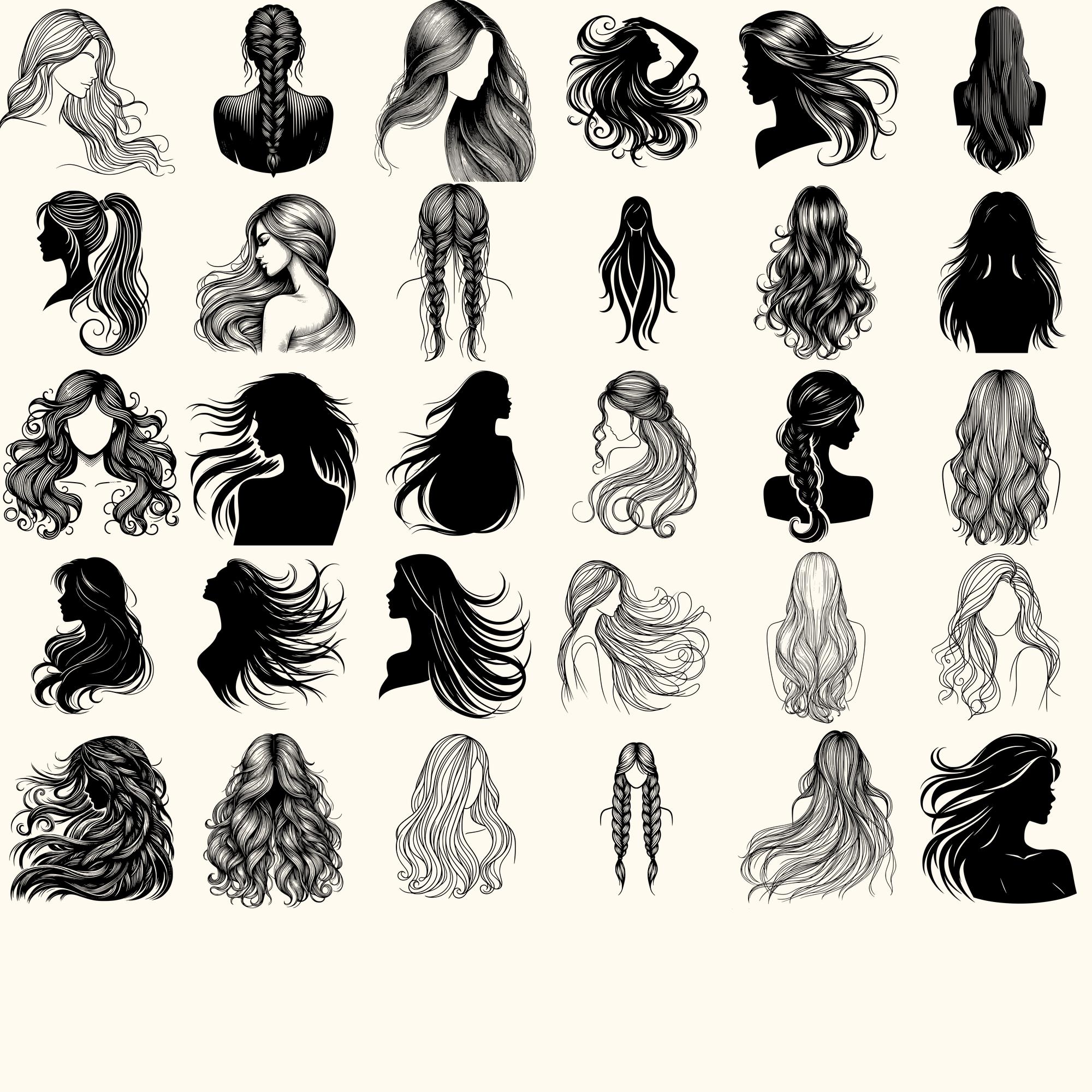 Long Hair Svg Bundle, Long Hair Vector, Long Hair Silhouette, Long Hair ...