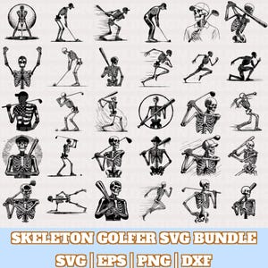 Op de afbeelding: Een digitale downloadbundel met 20 zwart-witte SVG-bestanden met skeletgolfers in verschillende poses, waaronder het zwaaien met een golfclub, putten en lopen. De tekst "SKELETON GOLFER SVG BUNDLE" staat bovenaan de afbeelding, en de tekst "SVG | EPS | PNG | DXF" staat onderaan de afbeelding.