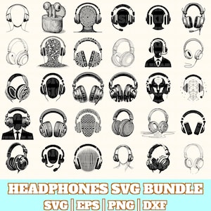 Può includere: Una collezione di design di cuffie in bianco e nero, in vari stili. L'immagine include cuffie over-ear, on-ear e in-ear, con motivi e dettagli intricati. Il testo in basso recita "HEADPHONES SVG BUNDLE" con indicatori di tipo di file.