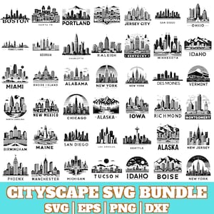 Pacote 148 SVG de paisagens urbanas, silhueta de paisagem urbana, png de paisagens urbanas, silhuetas de cidades modernas, coleção de arquivos de corte de horizonte de cidades dos EUA, SVG americano