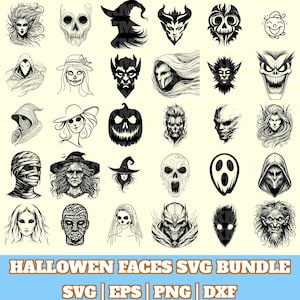 Hallowen Faces Svg Bundle, Hallowen Faces Vector, Hallowen Faces Silhouette, Hallowen Faces Svg PNG Eps Dxf, Instant Download