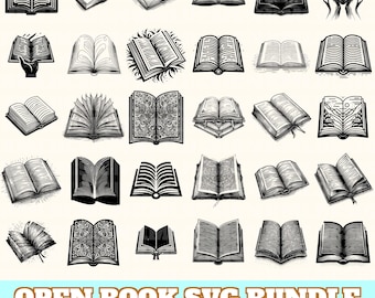Op de afbeelding: Een verzameling zwart-wit illustraties van open boeken in verschillende stijlen. De afbeelding bevat de tekst "OPEN BOOK SVG BUNDLE" met bestandsaanduidingen: SVG, EPS, PNG en DXF.