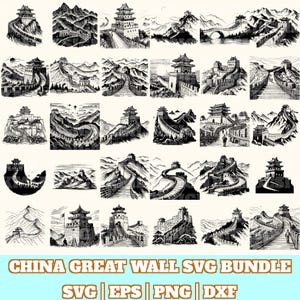 May include: A collection of black and white illustrations of the Great Wall of China. Each image depicts a different perspective of the wall, showcasing its architecture and the surrounding mountainous landscape. The text "CHINA GREAT WALL SVG BUNDLE" is at the bottom.