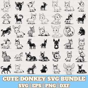 May include: A collection of cute donkey illustrations in various poses and styles, from standing to lying down. The image includes the text "CUTE DONKEY SVG BUNDLE" along the bottom, with file type indicators.