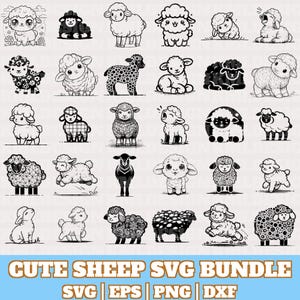 May include: A collection of black and white illustrations of cute sheep in various poses. The sheep designs include different patterns and styles. The text "CUTE SHEEP SVG BUNDLE" is displayed at the bottom, along with file type indicators.