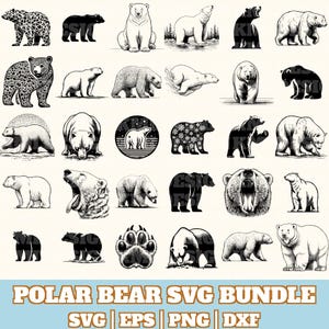 Puede incluir: Una colección de ilustraciones de osos polares en varias poses y estilos, incluyendo diseños geométricos, detallados y de silueta. La imagen incluye el texto "POLAR BEAR SVG BUNDLE" e indicadores de tipo de archivo.