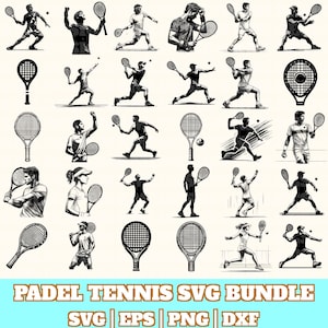 May include: A monochrome illustration of a padel tennis SVG bundle. The image shows tennis players in action, tennis rackets, and balls. The text "PADEL TENNIS SVG BUNDLE" is displayed at the bottom of the image.