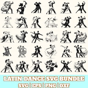 Peut inclure: Ensemble d'illustrations en noir et blanc de couples dansant des danses latines. Les danseurs sont saisis dans des poses dynamiques, mettant en valeur l'énergie et le mouvement des danses. Le texte "LATIN DANCE SVG BUNDLE" est en bas.