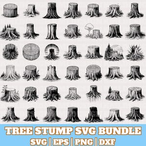 Tree Stump Svg Bundle, Tree Stump Vector, Tree Stump Silhouette, Tree Slice Slab Vector Designs,Trunk Base Roots Timber Svg,Digital Download