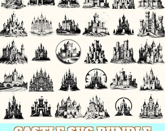 Puede incluir: Una colección de ilustraciones de castillos en blanco y negro en varios estilos. Las imágenes incluyen dibujos detallados de castillos medievales con torres, torretas y muros fortificados. El texto "CASTLE SVG BUNDLE" se muestra en la parte inferior, junto con los indicadores de tipo de archivo.