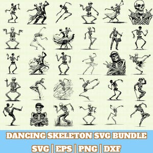 May include: A selection of black and white illustrations of dancing skeletons in different poses. The image features skeletons dancing, playing drums, and posing. The text "DANCING SKELETON SVG BUNDLE" is at the bottom, with file type indicators.