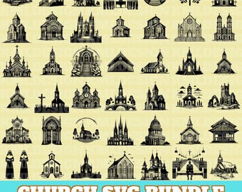 Church Svg Bundle, Gothic Cathedral Silhouette, Church House Vector, Medieval Church Designs, Church Building svg | png, Digital Download