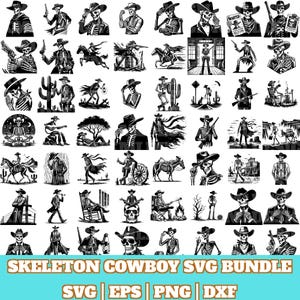 May include: A digital download bundle of 50 black and white vector illustrations of skeleton cowboys. The illustrations feature various poses and activities, including riding horses, playing guitars, and holding guns. The text "Skeleton Cowboy SVG Bundle" is at the bottom of the image, with the text "SVG | EPS | PNG | DXF" below it.