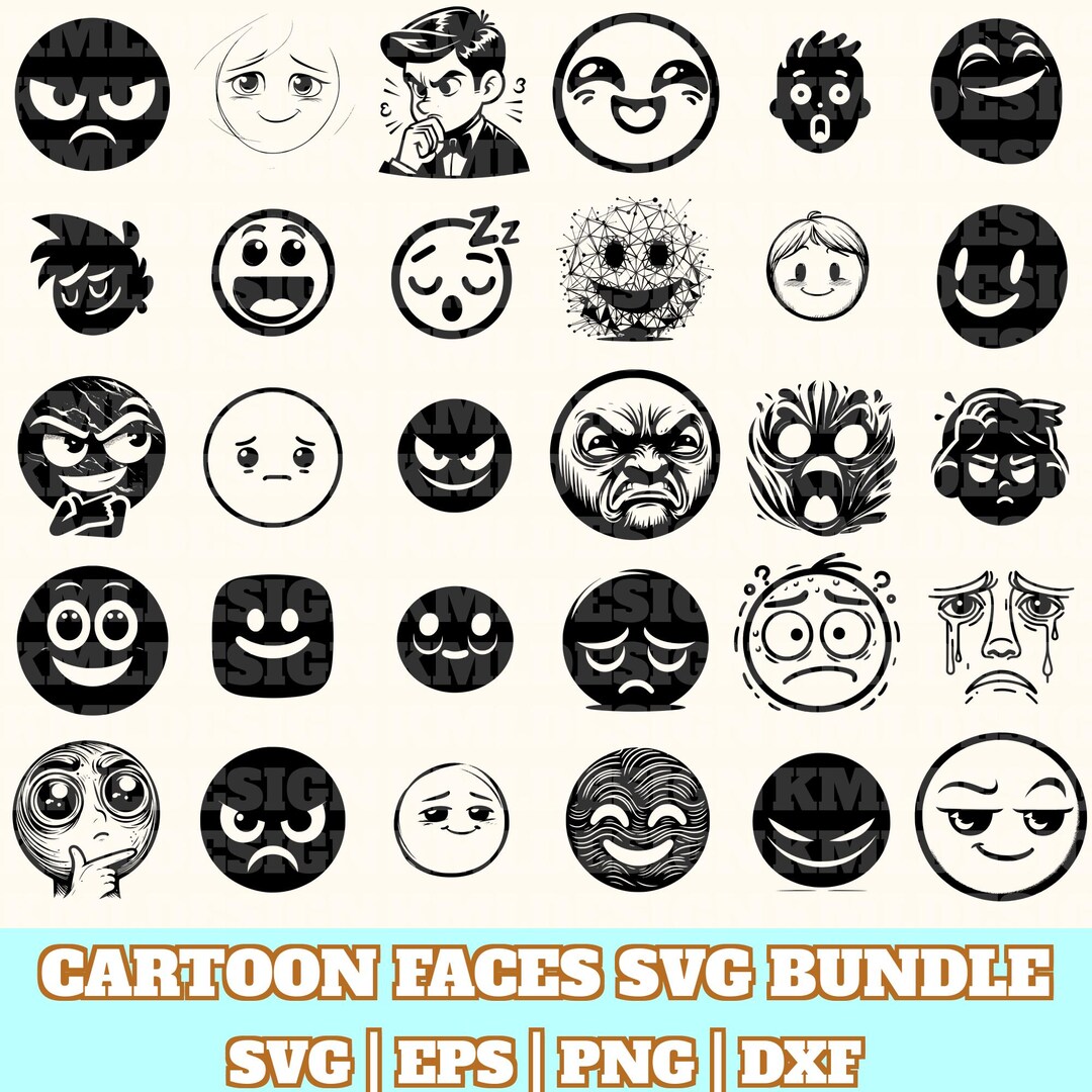 Cartoon Emotion Faces Svg Bundle, Cartoon Faces Vector, Cartoon Faces ...