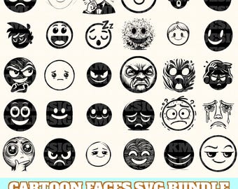 Pacchetto di volti di cartoni animati con espressioni facciali in formato SVG, volti di cartoni animati vettoriali, silhouette di volti di cartoni animati, volti di cartoni animati in formato SVG, PNG, EPS, DXF, download immediato
