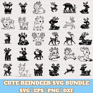 Cute Reindeer Svg Bundle, Cute Reindeer Vector, Winter Reindeer Silhouette, Hand Drawn Cute Reindeer Vector Designs, Digital Download