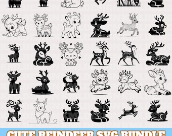 Cute Reindeer Svg Bundle, Cute Reindeer Vector, Winter Reindeer Silhouette, Hand Drawn Cute Reindeer Vector Designs, Digital Download