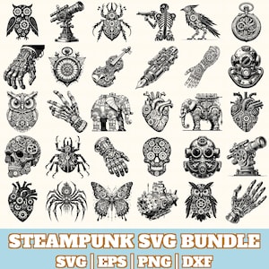 May include: A collection of steampunk-themed SVG graphics in black and white. The bundle includes illustrations of an owl, a telescope, a beetle, a skeleton, a raven, a pocket watch, a mechanical hand, a compass, a violin, a pen, a diving helmet, and more.