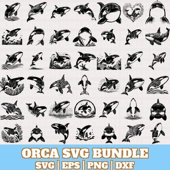 Orca Svg Bundle, Orca Whale Vector, Orca Whale Silhouette, Orca Whale Clipart, Orca Whale PNG Eps Dxf, Orca Whale Wallart, Instant Download
