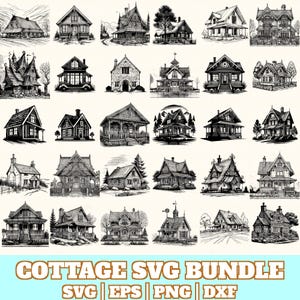 May include: A set of monochrome illustrations depicting diverse cottage designs. The drawings feature various architectural elements such as gabled roofs, verandas, and distinctive window arrangements. The text "COTTAGE SVG BUNDLE" is visible at the bottom.